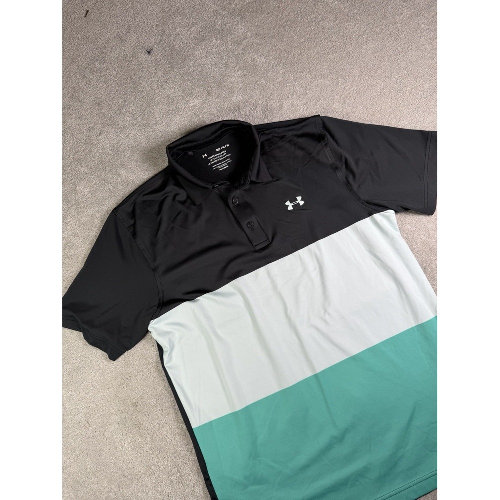 Under Armour Playoff Polo Men M Black Green Colorblock Loose HeatGear Golf Shirt